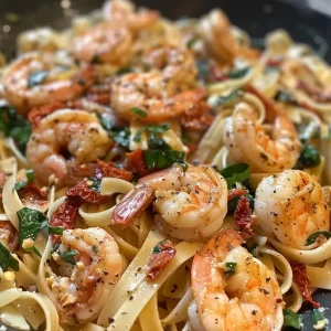 ['Close-up of a bowl of Tuscan shrimp pasta with vibrant colors and textures.', 'Side view of Tuscan shrimp pasta garnished with spinach and sun-dried tomatoes.', "Juicy shrimp mixed with creamy pasta and herbs, highlighting the dish's ingredients.", 'Fettuccine tossed with large shrimp and sun-dried tomatoes, showcasing a rich sauce.']