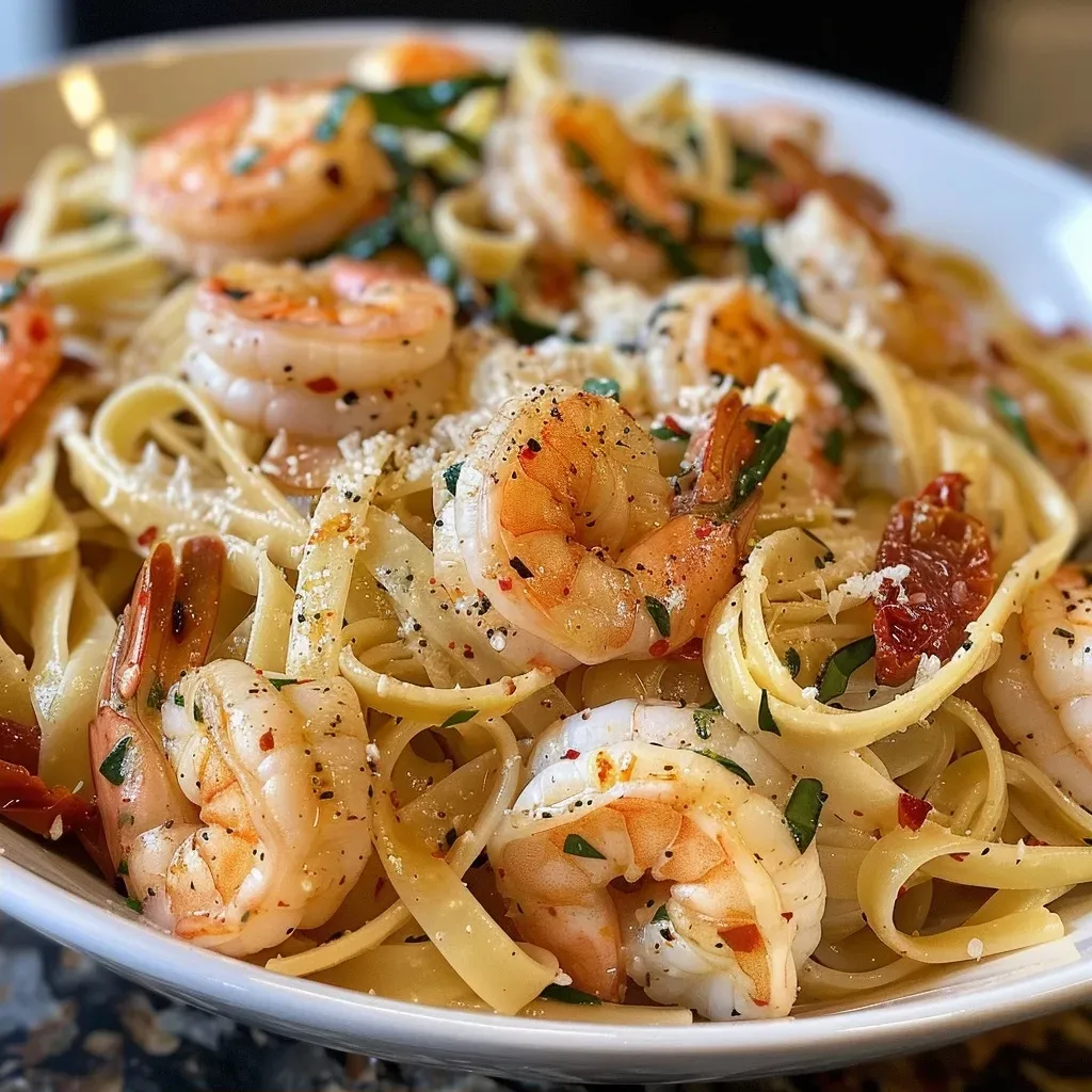 ['Close-up of a bowl of Tuscan shrimp pasta with vibrant colors and textures.', 'Side view of Tuscan shrimp pasta garnished with spinach and sun-dried tomatoes.', 