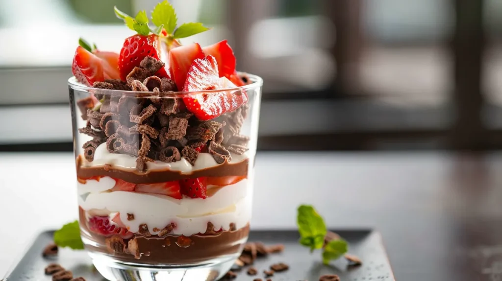['A close-up side view of a Choco-Berry Crunch Yogurt Parfait in a glass, showcasing layers of yogurt, strawberries, and chocolate cereal.', 'A detailed shot of a yogurt parfait featuring strawberries and chocolate cereal in a clear glass, highlighting the textures and colors.', 'Side view of a delicious parfait made with strawberries, yogurt, and crunchy chocolate cereal, presented in a stylish glass.', 'A vibrant Choco-Berry Crunch Yogurt Parfait in a glass, showing layers of ingredients including strawberry preserves and Greek yogurt.']