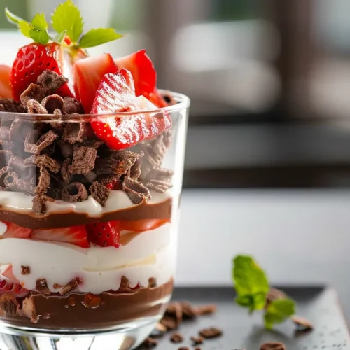 ['A close-up side view of a Choco-Berry Crunch Yogurt Parfait in a glass, showcasing layers of yogurt, strawberries, and chocolate cereal.', 'A detailed shot of a yogurt parfait featuring strawberries and chocolate cereal in a clear glass, highlighting the textures and colors.', 'Side view of a delicious parfait made with strawberries, yogurt, and crunchy chocolate cereal, presented in a stylish glass.', 'A vibrant Choco-Berry Crunch Yogurt Parfait in a glass, showing layers of ingredients including strawberry preserves and Greek yogurt.']