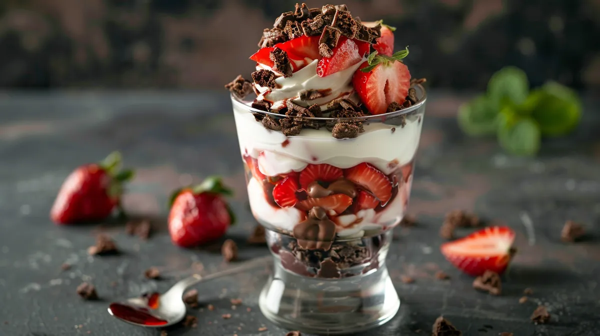 ['A close-up side view of a Choco-Berry Crunch Yogurt Parfait in a glass, showcasing layers of yogurt, strawberries, and chocolate cereal.', 'A detailed shot of a yogurt parfait featuring strawberries and chocolate cereal in a clear glass, highlighting the textures and colors.', 'Side view of a delicious parfait made with strawberries, yogurt, and crunchy chocolate cereal, presented in a stylish glass.', 'A vibrant Choco-Berry Crunch Yogurt Parfait in a glass, showing layers of ingredients including strawberry preserves and Greek yogurt.']