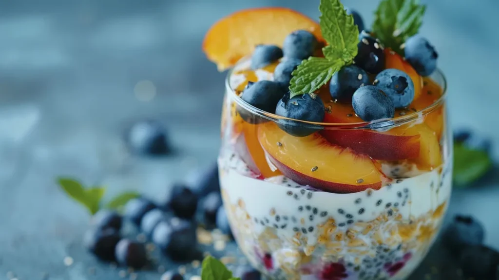 ['A bowl of Peach-Blueberry Overnight Oats with fresh peaches and blueberries.', 'Close-up of creamy overnight oats topped with juicy peaches and blueberries.', 'A side view of Peach-Blueberry Overnight Oats in a glass container.', 'Colorful Peach-Blueberry Overnight Oats with visible layers of fruit and oats.']