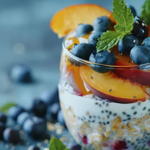 ['A bowl of Peach-Blueberry Overnight Oats with fresh peaches and blueberries.', 'Close-up of creamy overnight oats topped with juicy peaches and blueberries.', 'A side view of Peach-Blueberry Overnight Oats in a glass container.', 'Colorful Peach-Blueberry Overnight Oats with visible layers of fruit and oats.']