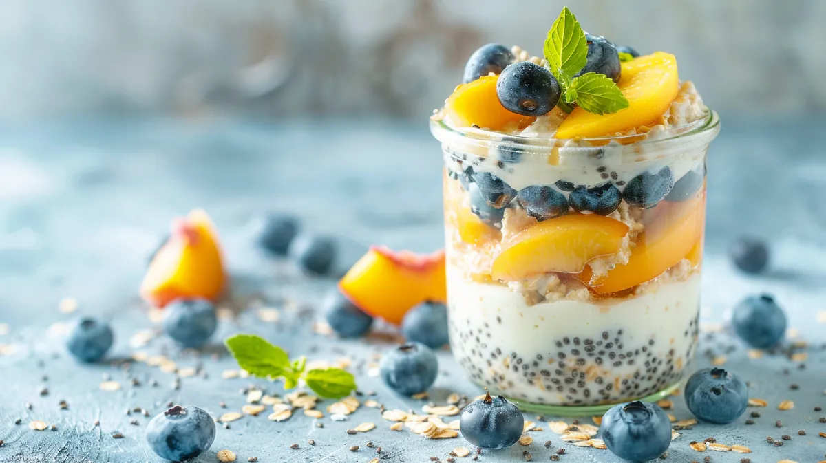 ['A bowl of Peach-Blueberry Overnight Oats with fresh peaches and blueberries.', 'Close-up of creamy overnight oats topped with juicy peaches and blueberries.', 'A side view of Peach-Blueberry Overnight Oats in a glass container.', 'Colorful Peach-Blueberry Overnight Oats with visible layers of fruit and oats.']