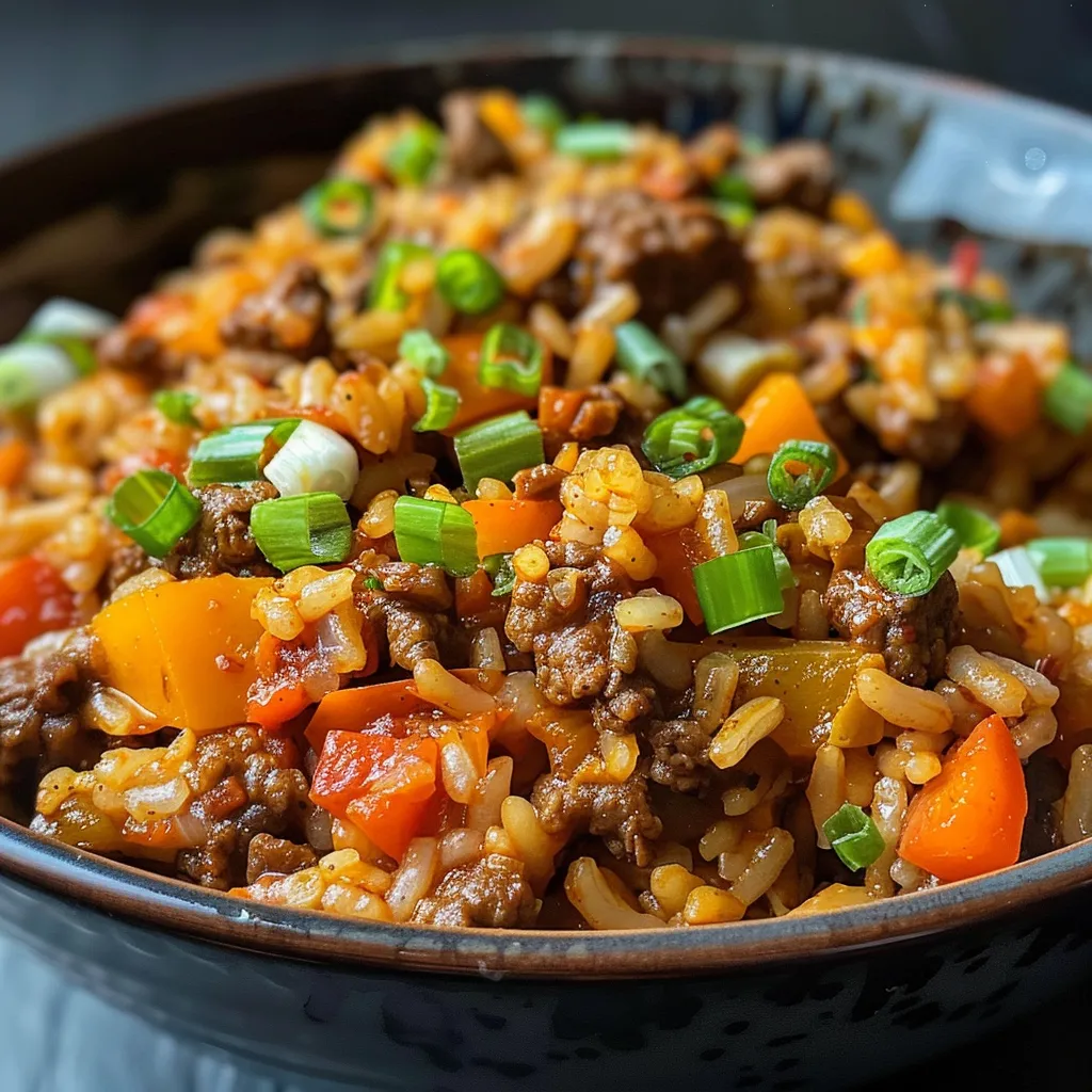 ['Close-up of One Pot Cheesy Cajun Beef Rice with melted cheese on top.', 'Juicy One Pot Cheesy Cajun Beef Rice in a bowl, showcasing vibrant ingredients.', 'Side view of a serving of One Pot Cheesy Cajun Beef Rice with colorful vegetables.', 'Delicious One Pot Cheesy Cajun Beef Rice dish, featuring a cheesy topping.']