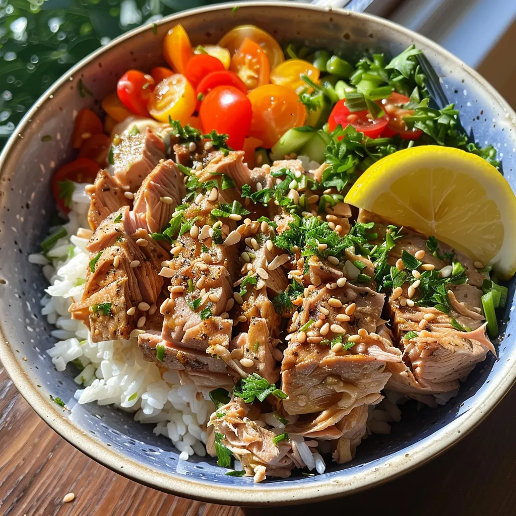 ['Close-up view of a vibrant Tuna Rice Bowl filled with colorful vegetables.', 'Juicy Tuna Rice Bowl with a mix of fresh and jarred vegetables, served on a plate.', 'Side view of a Tuna Rice Bowl showcasing cooked rice, fresh ingredients, and toppings.', 'Detailed image of a Tuna Rice Bowl, highlighting ingredients like tuna and Greek yogurt.']
