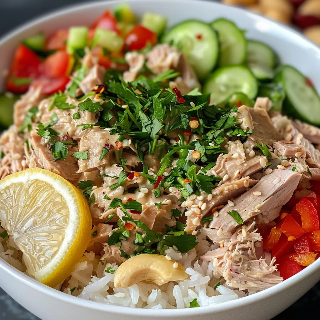 ['Close-up view of a vibrant Tuna Rice Bowl filled with colorful vegetables.', 'Juicy Tuna Rice Bowl with a mix of fresh and jarred vegetables, served on a plate.', 'Side view of a Tuna Rice Bowl showcasing cooked rice, fresh ingredients, and toppings.', 'Detailed image of a Tuna Rice Bowl, highlighting ingredients like tuna and Greek yogurt.']