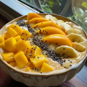 ['Close-up view of a colorful Mango Peach Smoothie Bowl with toppings.', 'Side view of a vibrant smoothie bowl filled with mango and peach puree.', 'A thick Mango Peach Smoothie Bowl garnished with fresh fruits.', 'Bright mango and peach smoothie bowl in a bowl against a simple background.']