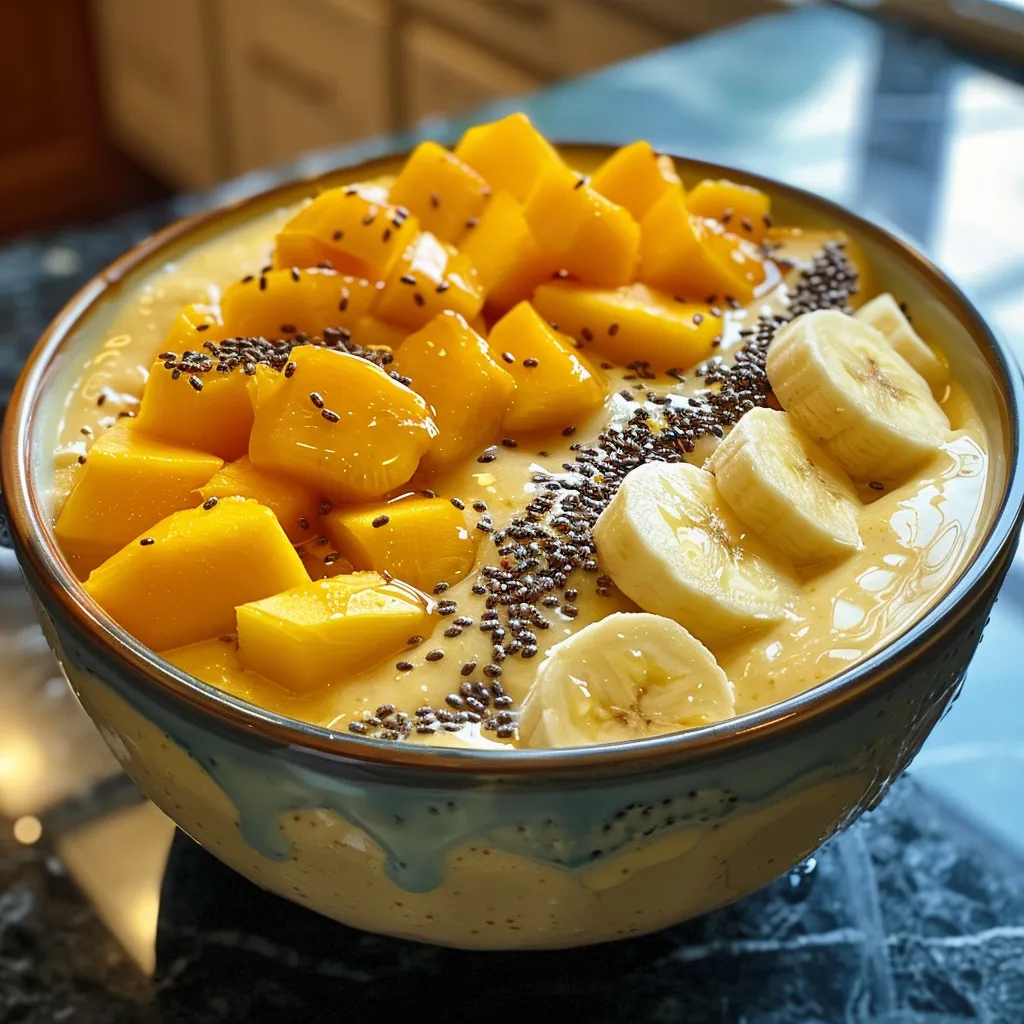 ['Close-up view of a colorful Mango Peach Smoothie Bowl with toppings.', 'Side view of a vibrant smoothie bowl filled with mango and peach puree.', 'A thick Mango Peach Smoothie Bowl garnished with fresh fruits.', 'Bright mango and peach smoothie bowl in a bowl against a simple background.']