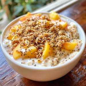 ['Close-up view of creamy peach pie overnight oats topped with cinnamon streusel.', 'A side view of a bowl of overnight oats featuring diced peaches and a crunchy topping.', 'Layered overnight oats with peaches and a sprinkle of cinnamon streusel in natural light.', 'Delicious bowl of creamy peach pie overnight oats with a golden streusel topping.']
