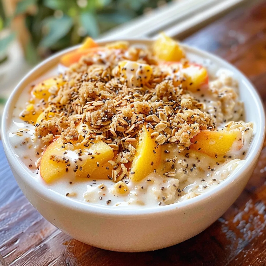['Close-up view of creamy peach pie overnight oats topped with cinnamon streusel.', 'A side view of a bowl of overnight oats featuring diced peaches and a crunchy topping.', 'Layered overnight oats with peaches and a sprinkle of cinnamon streusel in natural light.', 'Delicious bowl of creamy peach pie overnight oats with a golden streusel topping.']