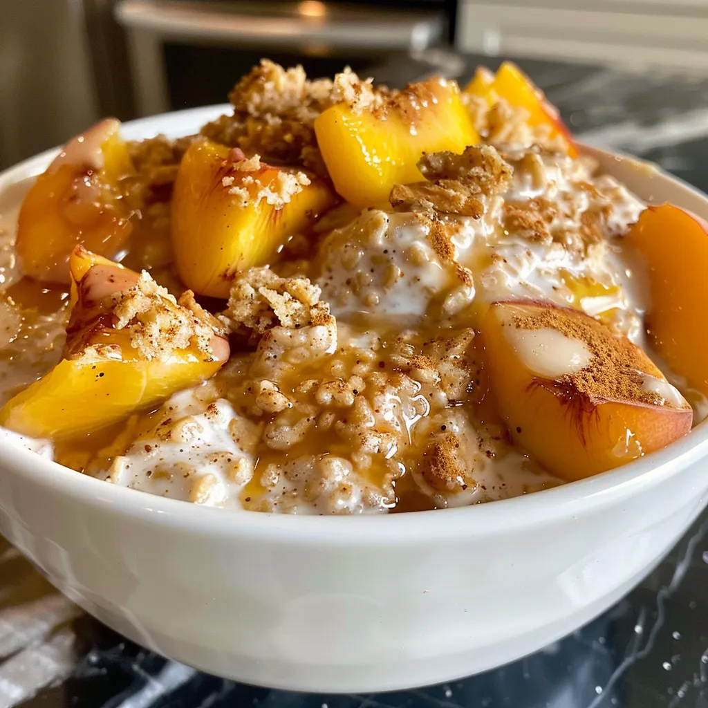 ['Close-up view of creamy peach pie overnight oats topped with cinnamon streusel.', 'A side view of a bowl of overnight oats featuring diced peaches and a crunchy topping.', 'Layered overnight oats with peaches and a sprinkle of cinnamon streusel in natural light.', 'Delicious bowl of creamy peach pie overnight oats with a golden streusel topping.']
