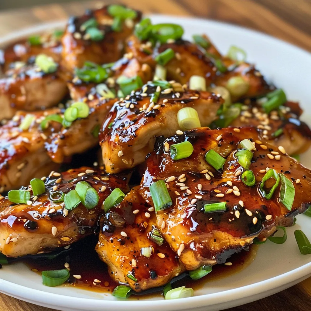 ['Juicy teriyaki chicken thighs garnished with scallions and sesame seeds.', 'Close-up side view of air-fried teriyaki chicken with a shiny glaze.', 'Tender chicken pieces coated in teriyaki sauce, sprinkled with sesame seeds.', 'A plate of air fryer teriyaki chicken with green onion garnish.']