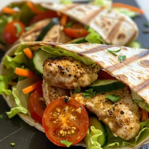 ['Close-up of healthy grilled chicken ranch wraps filled with fresh vegetables.', 'Juicy grilled chicken wraps showcasing vibrant ingredients like lettuce and tomatoes.', 'Side view of a delicious ranch wrap with grilled chicken and colorful vegetables.', 'A hearty ranch wrap featuring sliced grilled chicken and a mix of fresh produce.']