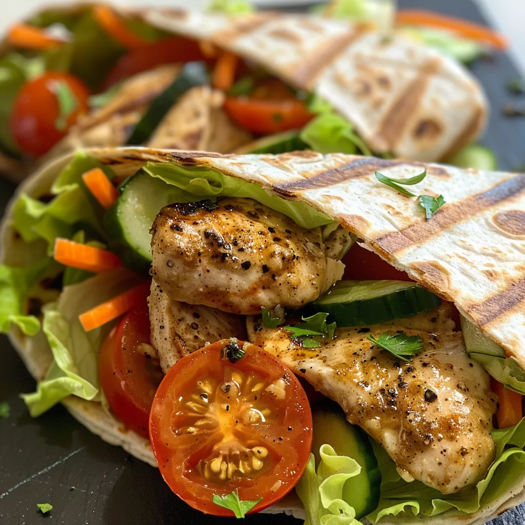 ['Close-up of healthy grilled chicken ranch wraps filled with fresh vegetables.', 'Juicy grilled chicken wraps showcasing vibrant ingredients like lettuce and tomatoes.', 'Side view of a delicious ranch wrap with grilled chicken and colorful vegetables.', 'A hearty ranch wrap featuring sliced grilled chicken and a mix of fresh produce.']