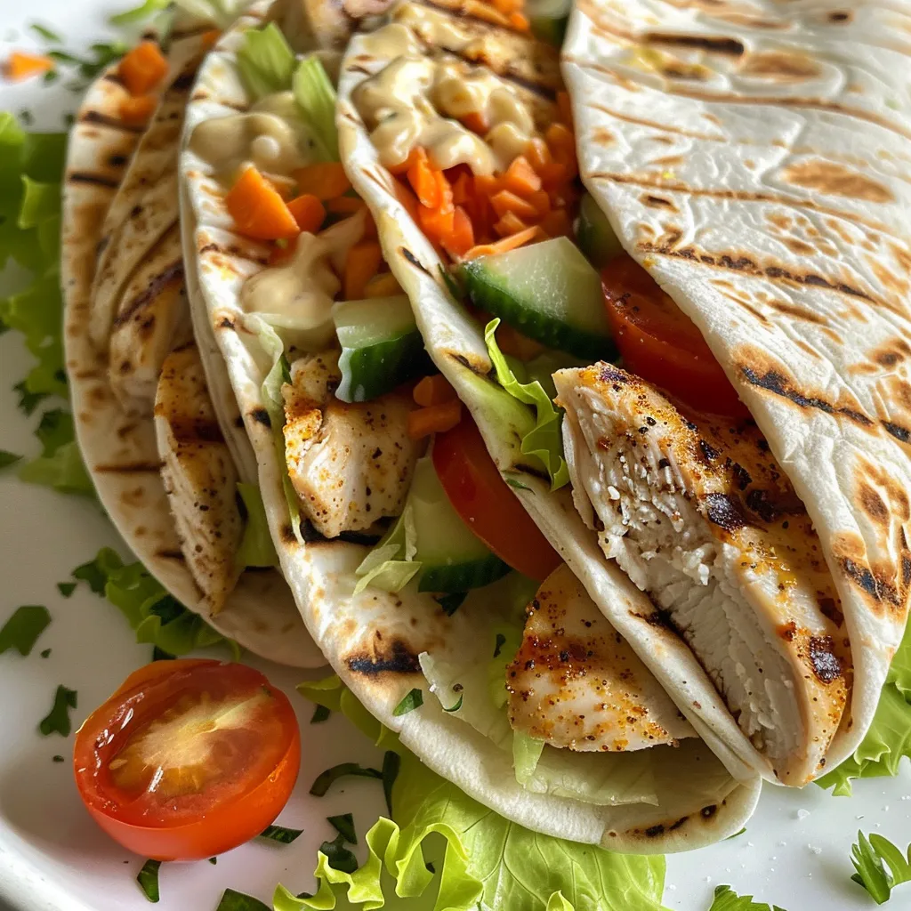 ['Close-up of healthy grilled chicken ranch wraps filled with fresh vegetables.', 'Juicy grilled chicken wraps showcasing vibrant ingredients like lettuce and tomatoes.', 'Side view of a delicious ranch wrap with grilled chicken and colorful vegetables.', 'A hearty ranch wrap featuring sliced grilled chicken and a mix of fresh produce.']