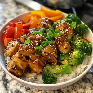 ['Close-up view of a Hot Honey Chicken Bowl with colorful ingredients.', 'A side view of a delicious Hot Honey Chicken Bowl showcasing chicken, rice, and vegetables.', 'Juicy Hot Honey Chicken Bowl with broccoli, bell peppers, and green onions in a clear bowl.', 'Tasty Hot Honey Chicken Bowl featuring grilled chicken thighs and garnished with sesame seeds.']