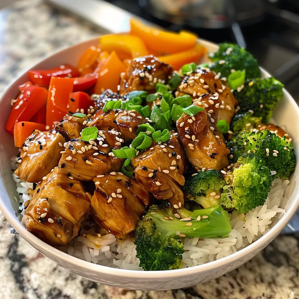 ['Close-up view of a Hot Honey Chicken Bowl with colorful ingredients.', 'A side view of a delicious Hot Honey Chicken Bowl showcasing chicken, rice, and vegetables.', 'Juicy Hot Honey Chicken Bowl with broccoli, bell peppers, and green onions in a clear bowl.', 'Tasty Hot Honey Chicken Bowl featuring grilled chicken thighs and garnished with sesame seeds.']