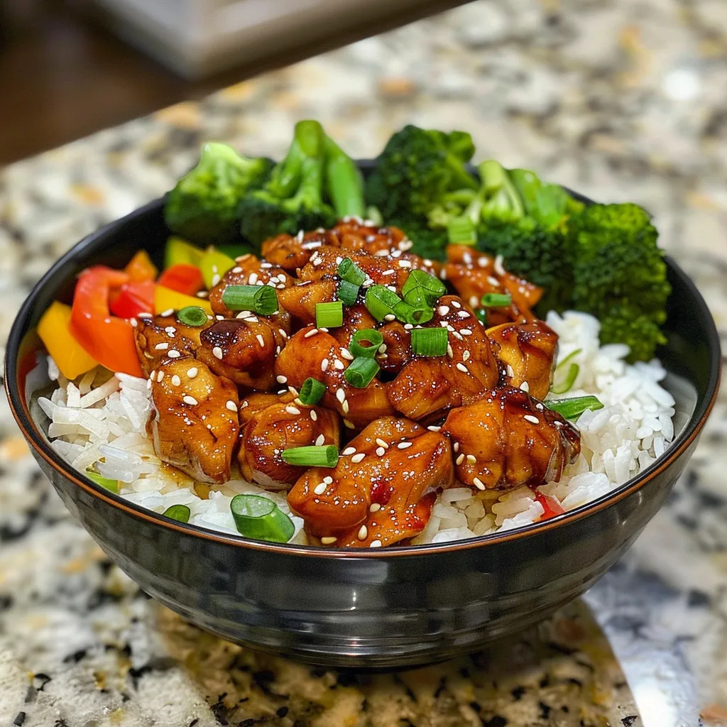 ['Close-up view of a Hot Honey Chicken Bowl with colorful ingredients.', 'A side view of a delicious Hot Honey Chicken Bowl showcasing chicken, rice, and vegetables.', 'Juicy Hot Honey Chicken Bowl with broccoli, bell peppers, and green onions in a clear bowl.', 'Tasty Hot Honey Chicken Bowl featuring grilled chicken thighs and garnished with sesame seeds.']