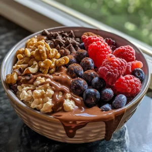 ['Close-up of a chocolate cottage cheese breakfast bowl with berries and walnuts.', 'Side view of a cottage cheese bowl topped with cocoa powder, nuts, and fruit.', 'Delicious serving of chocolate cottage cheese adorned with chopped walnuts and mixed berries.', 'Appetizing bowl featuring chocolate cottage cheese, surrounded by vibrant berries and nuts.']