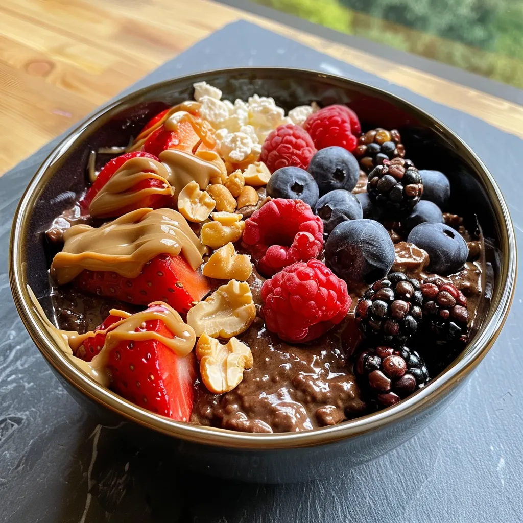['Close-up of a chocolate cottage cheese breakfast bowl with berries and walnuts.', 'Side view of a cottage cheese bowl topped with cocoa powder, nuts, and fruit.', 'Delicious serving of chocolate cottage cheese adorned with chopped walnuts and mixed berries.', 'Appetizing bowl featuring chocolate cottage cheese, surrounded by vibrant berries and nuts.']