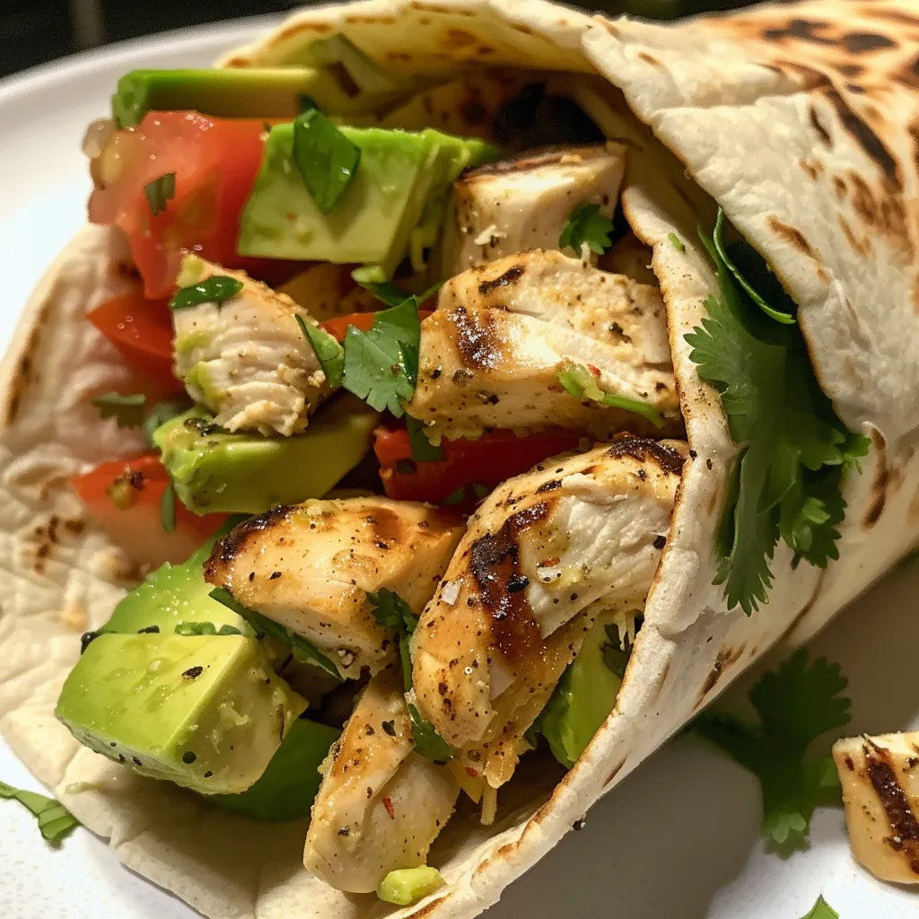 ['Close-up view of a grilled chicken avocado wrap with fresh ingredients.', 'Side view photo of a juicy grilled chicken wrap filled with avocado and vegetables.', 'Detailed close-up of a tortilla wrap showing grilled chicken and avocado filling.', 'Side profile of a delicious grilled chicken avocado wrap, showcasing its vibrant colors.']