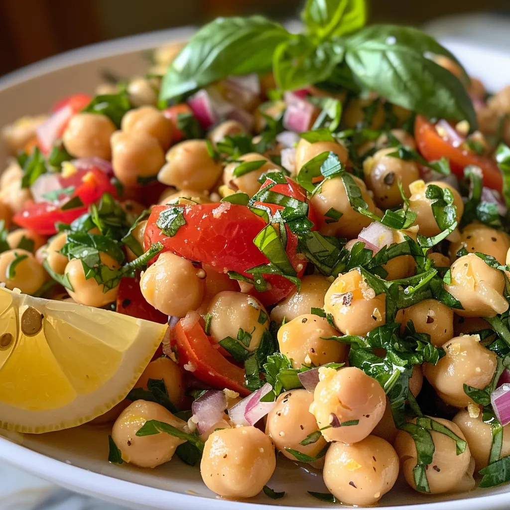 ['Close-up view of a vibrant Lemon & Fresh Herb Chickpea Salad with herbs and cheese.', 'Side view of a fresh Chickpea Salad featuring lemon zest and herbs in a bowl.', 'Colorful Lemon & Herb Chickpea Salad garnished with cheese and fresh herbs.', 'Juicy Chickpea Salad with lemon and herbs, displayed in a white ceramic bowl.']