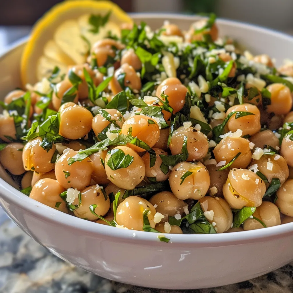 ['Close-up view of a vibrant Lemon & Fresh Herb Chickpea Salad with herbs and cheese.', 'Side view of a fresh Chickpea Salad featuring lemon zest and herbs in a bowl.', 'Colorful Lemon & Herb Chickpea Salad garnished with cheese and fresh herbs.', 'Juicy Chickpea Salad with lemon and herbs, displayed in a white ceramic bowl.']