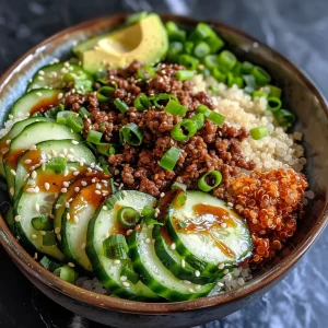 ['A close-up side view of a vibrant Garlic Ginger Ground Beef and Quinoa Power Bowl, featuring colorful toppings and fresh ingredients.', 'Juicy Garlic Ginger Ground Beef served over a bed of quinoa, garnished with cucumbers, avocado, and sesame seeds.', 'A healthy power bowl filled with quinoa, garlic ginger beef, and topped with kimchi and green onions, showcasing a variety of textures.', 'An artistic presentation of a Garlic Ginger Ground Beef bowl, highlighting fresh vegetables and flavorful dressings.']