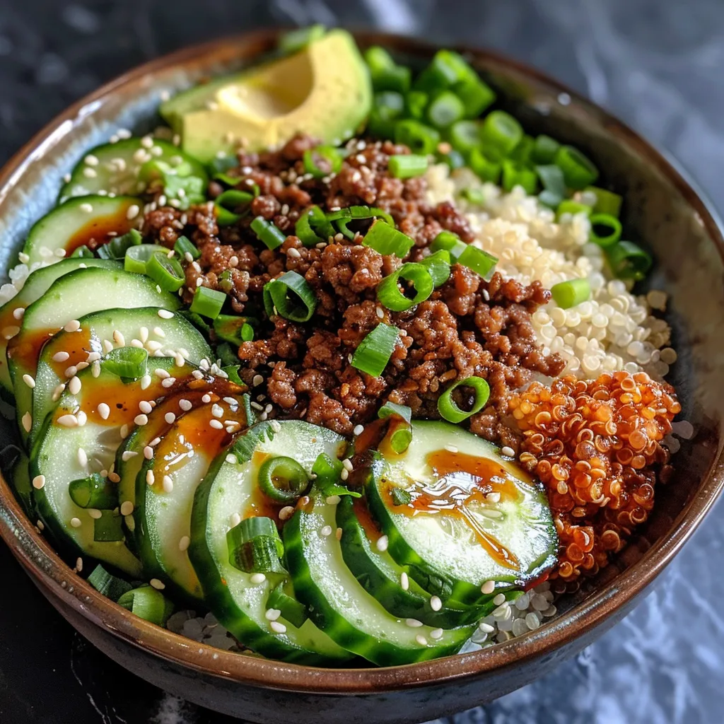 ['A close-up side view of a vibrant Garlic Ginger Ground Beef and Quinoa Power Bowl, featuring colorful toppings and fresh ingredients.', 'Juicy Garlic Ginger Ground Beef served over a bed of quinoa, garnished with cucumbers, avocado, and sesame seeds.', 'A healthy power bowl filled with quinoa, garlic ginger beef, and topped with kimchi and green onions, showcasing a variety of textures.', 'An artistic presentation of a Garlic Ginger Ground Beef bowl, highlighting fresh vegetables and flavorful dressings.']