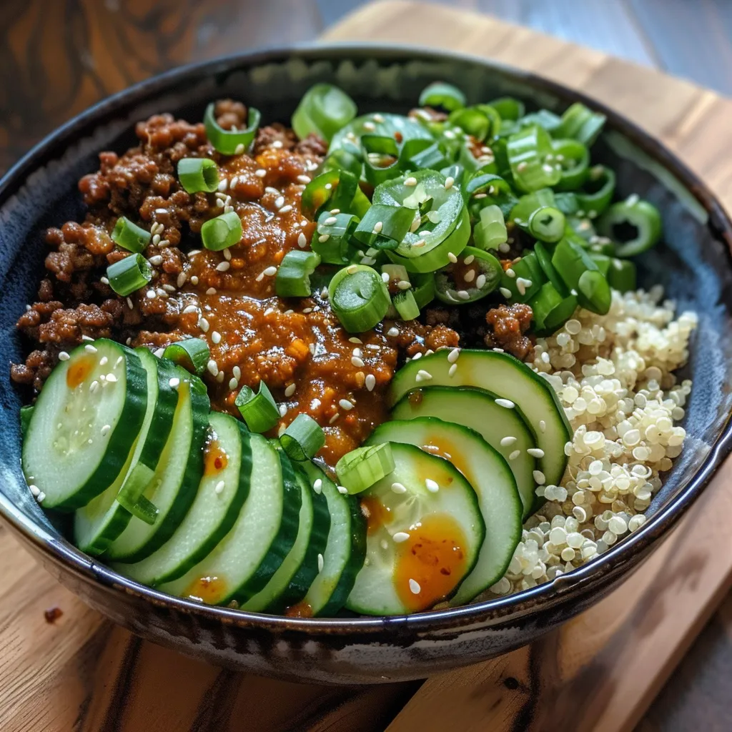 ['A close-up side view of a vibrant Garlic Ginger Ground Beef and Quinoa Power Bowl, featuring colorful toppings and fresh ingredients.', 'Juicy Garlic Ginger Ground Beef served over a bed of quinoa, garnished with cucumbers, avocado, and sesame seeds.', 'A healthy power bowl filled with quinoa, garlic ginger beef, and topped with kimchi and green onions, showcasing a variety of textures.', 'An artistic presentation of a Garlic Ginger Ground Beef bowl, highlighting fresh vegetables and flavorful dressings.']