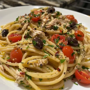 ['A close-up view of Mediterranean Tuna Pasta with spaghetti, cherry tomatoes, and olives.', 'Juicy Mediterranean Tuna Pasta featuring a vibrant mix of ingredients, captured in detail.', 'Detailed side view of a bowl of Mediterranean Tuna Pasta, highlighting cherry tomatoes and olives.', 'Close-up image of a delicious serving of Mediterranean Tuna Pasta, showcasing its colorful ingredients.']