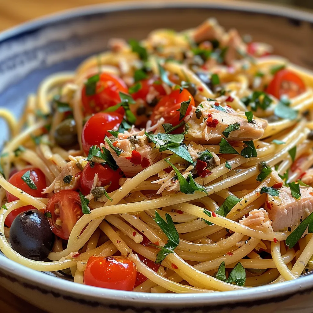 ['A close-up view of Mediterranean Tuna Pasta with spaghetti, cherry tomatoes, and olives.', 'Juicy Mediterranean Tuna Pasta featuring a vibrant mix of ingredients, captured in detail.', 'Detailed side view of a bowl of Mediterranean Tuna Pasta, highlighting cherry tomatoes and olives.', 'Close-up image of a delicious serving of Mediterranean Tuna Pasta, showcasing its colorful ingredients.']