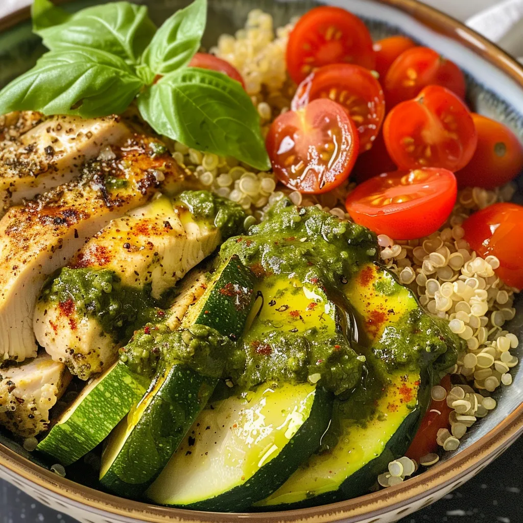 ['Close-up side view of a bowl filled with Pesto Chicken Quinoa, featuring vibrant zucchini and cherry tomatoes.', 'A colorful arrangement of Pesto Chicken Quinoa Bowls with fresh basil garnishing the dish.', 'Juicy pieces of chicken, cherry tomatoes, and zucchini in a quinoa bowl topped with pesto.', 'A side view of a hearty Pesto Chicken Quinoa Bowl, showcasing its fresh ingredients and textures.']