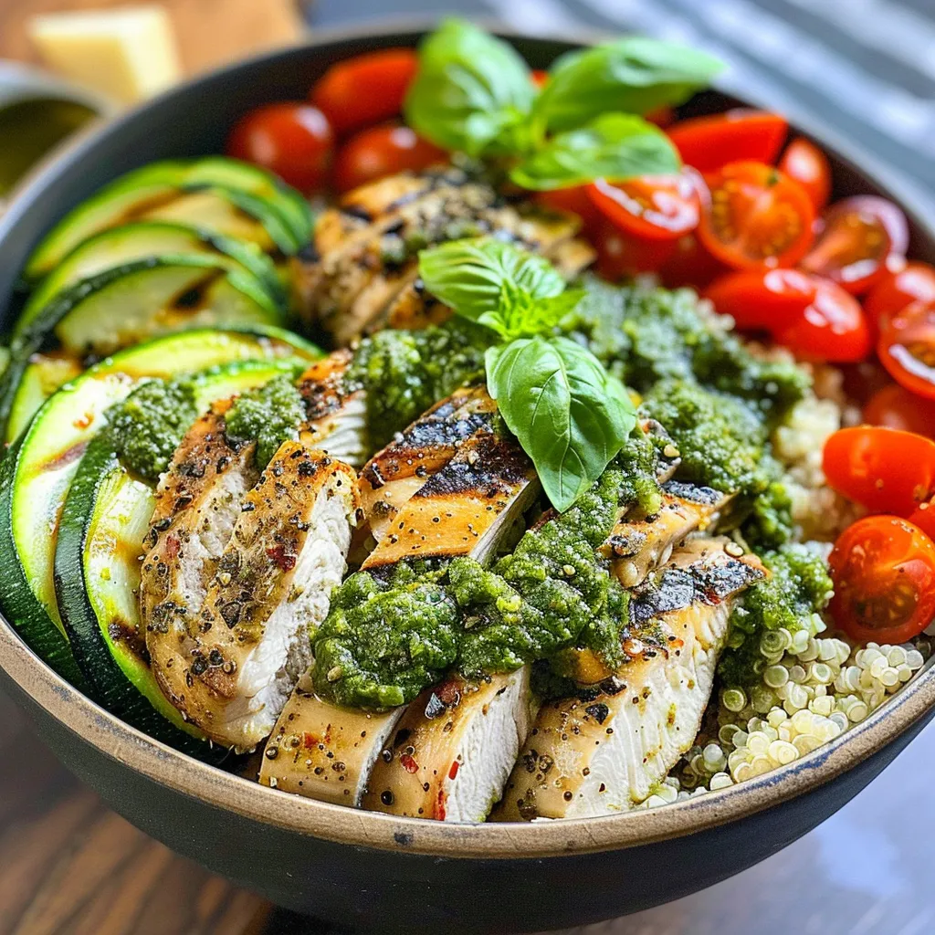 ['Close-up side view of a bowl filled with Pesto Chicken Quinoa, featuring vibrant zucchini and cherry tomatoes.', 'A colorful arrangement of Pesto Chicken Quinoa Bowls with fresh basil garnishing the dish.', 'Juicy pieces of chicken, cherry tomatoes, and zucchini in a quinoa bowl topped with pesto.', 'A side view of a hearty Pesto Chicken Quinoa Bowl, showcasing its fresh ingredients and textures.']