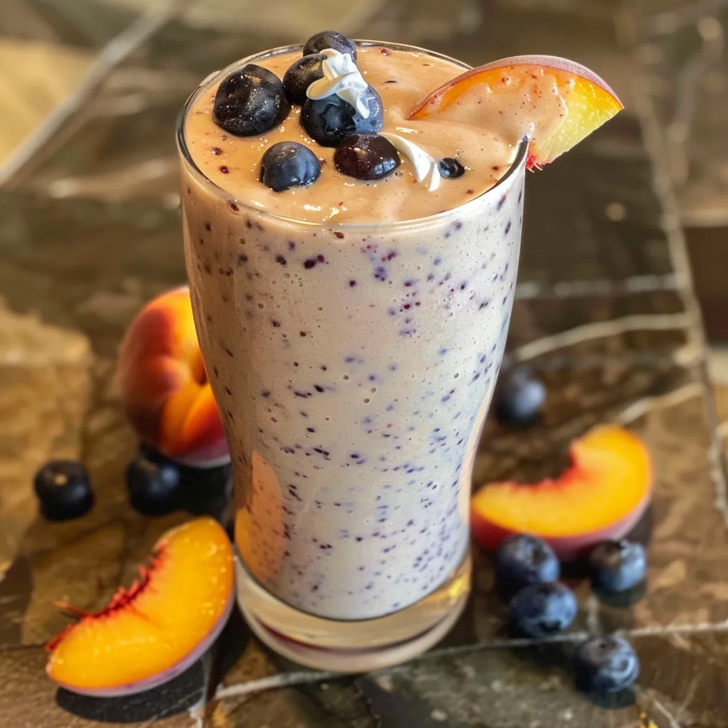 ['A side view of a Peach Blueberry Vanilla Protein Smoothie in a glass, showcasing vibrant colors and textures.', 'Close-up of a creamy smoothie made with peaches, blueberries, and vanilla, with ice cubes visible.', 'A delicious-looking smoothie in a clear glass, filled with peach and blueberry hues topped with whipped cream.', 'A refreshing peach and blueberry protein smoothie displayed in a glass with ice on the side.']