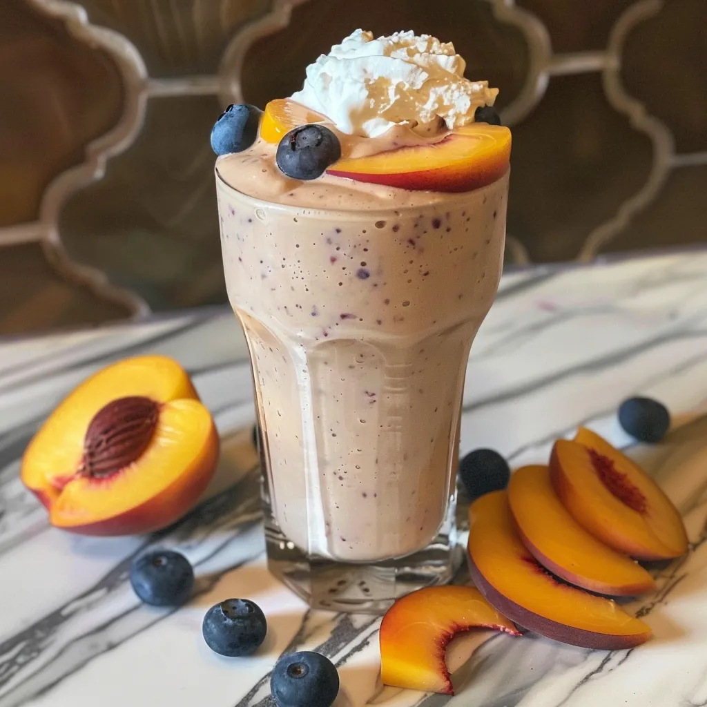 ['A side view of a Peach Blueberry Vanilla Protein Smoothie in a glass, showcasing vibrant colors and textures.', 'Close-up of a creamy smoothie made with peaches, blueberries, and vanilla, with ice cubes visible.', 'A delicious-looking smoothie in a clear glass, filled with peach and blueberry hues topped with whipped cream.', 'A refreshing peach and blueberry protein smoothie displayed in a glass with ice on the side.']