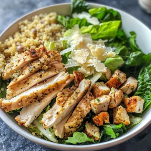 ['A close-up side view of a Chicken Caesar Salad Bowl with quinoa, featuring vibrant greens and grilled chicken.', 'A detailed image of Chicken Caesar Salad with quinoa, showing chopped romaine, shredded chicken, and parmesan cheese.', 'A beautifully arranged Chicken Caesar Salad Bowl with quinoa, displaying ingredients like lemon wedges and olive oil drizzled on top.', 'A colorful close-up of a fresh Chicken Caesar Salad with quinoa, showcasing a variety of textures and ingredients.']