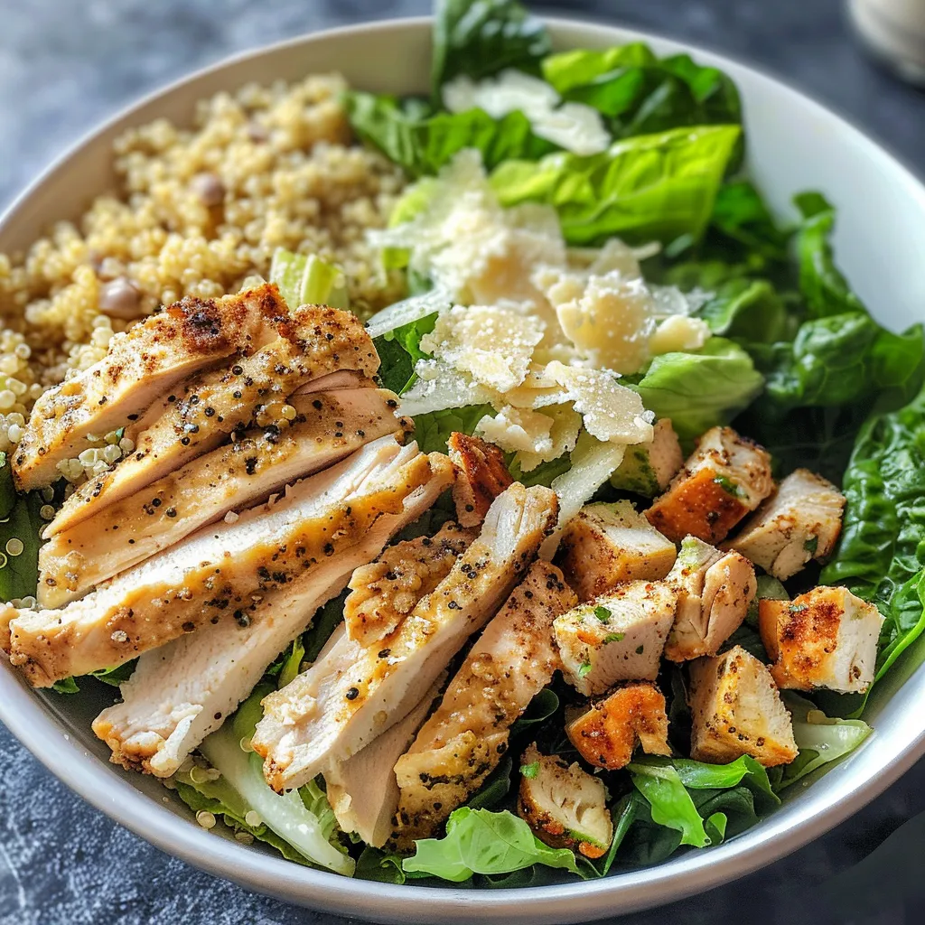 ['A close-up side view of a Chicken Caesar Salad Bowl with quinoa, featuring vibrant greens and grilled chicken.', 'A detailed image of Chicken Caesar Salad with quinoa, showing chopped romaine, shredded chicken, and parmesan cheese.', 'A beautifully arranged Chicken Caesar Salad Bowl with quinoa, displaying ingredients like lemon wedges and olive oil drizzled on top.', 'A colorful close-up of a fresh Chicken Caesar Salad with quinoa, showcasing a variety of textures and ingredients.']