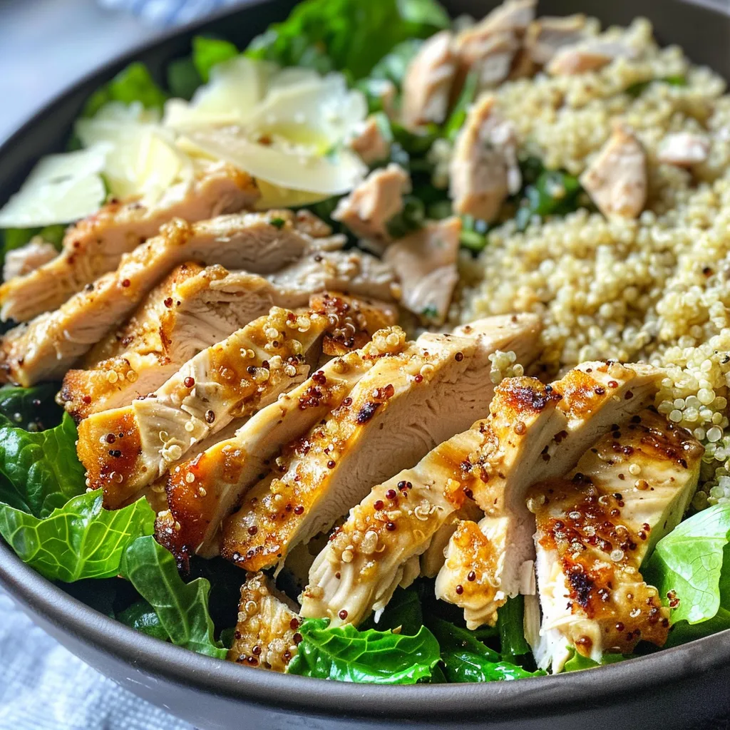 ['A close-up side view of a Chicken Caesar Salad Bowl with quinoa, featuring vibrant greens and grilled chicken.', 'A detailed image of Chicken Caesar Salad with quinoa, showing chopped romaine, shredded chicken, and parmesan cheese.', 'A beautifully arranged Chicken Caesar Salad Bowl with quinoa, displaying ingredients like lemon wedges and olive oil drizzled on top.', 'A colorful close-up of a fresh Chicken Caesar Salad with quinoa, showcasing a variety of textures and ingredients.']