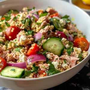 ['A vibrant, close-up view of a creamy tuna and couscous salad with fresh vegetables.', 'Side view of a colorful bowl filled with no-mayo tuna and couscous salad, highlighting its ingredients.', 'Detailed image of a delicious creamy tuna salad with couscous, tomatoes, cucumber, and feta cheese.', 'Close-up shot of a fresh, creamy no-mayo tuna salad with couscous and assorted vegetables.']