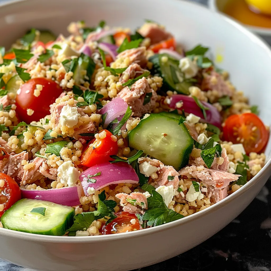 ['A vibrant, close-up view of a creamy tuna and couscous salad with fresh vegetables.', 'Side view of a colorful bowl filled with no-mayo tuna and couscous salad, highlighting its ingredients.', 'Detailed image of a delicious creamy tuna salad with couscous, tomatoes, cucumber, and feta cheese.', 'Close-up shot of a fresh, creamy no-mayo tuna salad with couscous and assorted vegetables.']