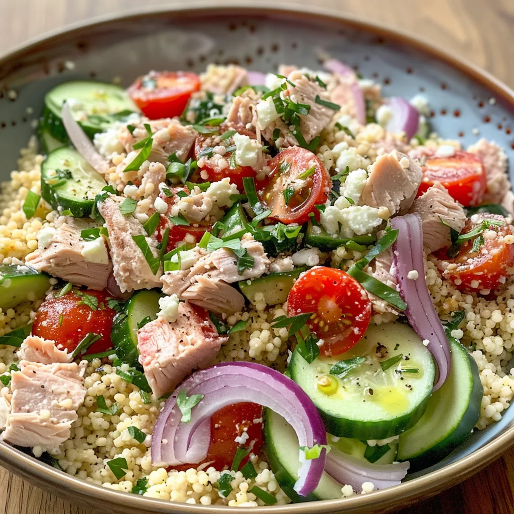 ['A vibrant, close-up view of a creamy tuna and couscous salad with fresh vegetables.', 'Side view of a colorful bowl filled with no-mayo tuna and couscous salad, highlighting its ingredients.', 'Detailed image of a delicious creamy tuna salad with couscous, tomatoes, cucumber, and feta cheese.', 'Close-up shot of a fresh, creamy no-mayo tuna salad with couscous and assorted vegetables.']