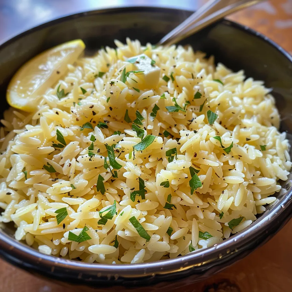 ['Close-up view of a vibrant bowl of Lemon Rice with orzo and herbs.', 'Side perspective of Lemon Rice dish showcasing grains and lemon zest.', 'Juicy Lemon Rice prepared with herbs and served in an elegant bowl.', 'Detail of Lemon Rice featuring bright yellow lemon and orzo pasta.']