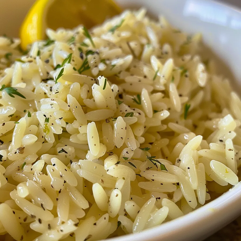 ['Close-up view of a vibrant bowl of Lemon Rice with orzo and herbs.', 'Side perspective of Lemon Rice dish showcasing grains and lemon zest.', 'Juicy Lemon Rice prepared with herbs and served in an elegant bowl.', 'Detail of Lemon Rice featuring bright yellow lemon and orzo pasta.']