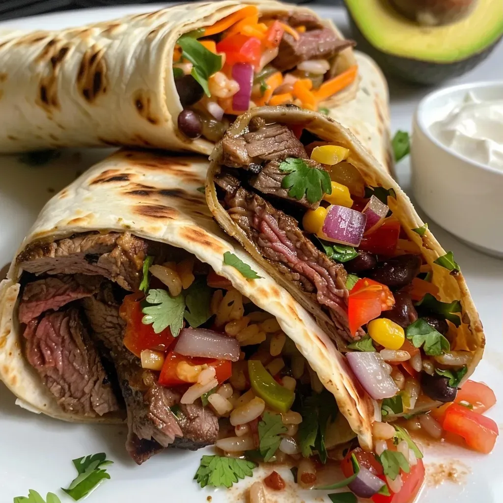 ['A close-up view of a juicy steak burrito, showcasing colorful ingredients like avocado and cheese.', 'Side view of a homemade steak burrito filled with steak, cheese, and fresh toppings, placed on a wooden surface.', 'Detailed image of a delicious steak burrito, highlighting its layers of meat, cheese, and veggies.', 'Close-up photo of a vibrant steak burrito, featuring fresh ingredients and a drizzle of sour cream.']