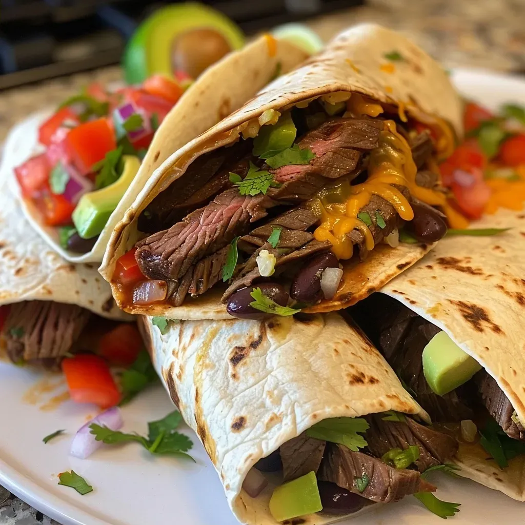 ['A close-up view of a juicy steak burrito, showcasing colorful ingredients like avocado and cheese.', 'Side view of a homemade steak burrito filled with steak, cheese, and fresh toppings, placed on a wooden surface.', 'Detailed image of a delicious steak burrito, highlighting its layers of meat, cheese, and veggies.', 'Close-up photo of a vibrant steak burrito, featuring fresh ingredients and a drizzle of sour cream.']