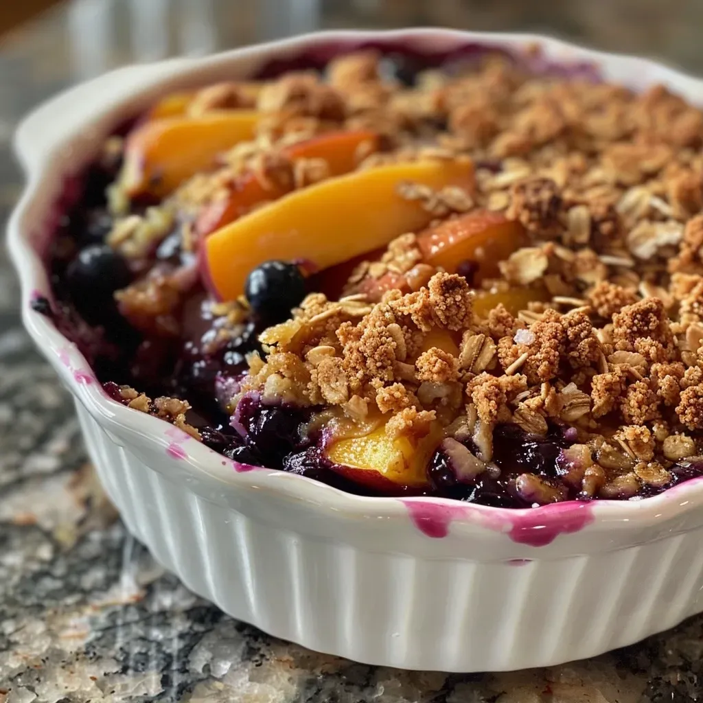 ['Close-up view of a vegan blueberry peach crisp topped with golden oats and fresh fruit.', 'Side perspective of a vegan dessert with a crunchy oat topping, featuring blueberries and sliced peaches.', 'Juicy blueberry and peach crisp in a dish, showcasing a crumbly oat layer and bright fruit filling.', 'Delicious vegan dessert highlighting a blend of blueberries and peaches under a crispy oat topping.']