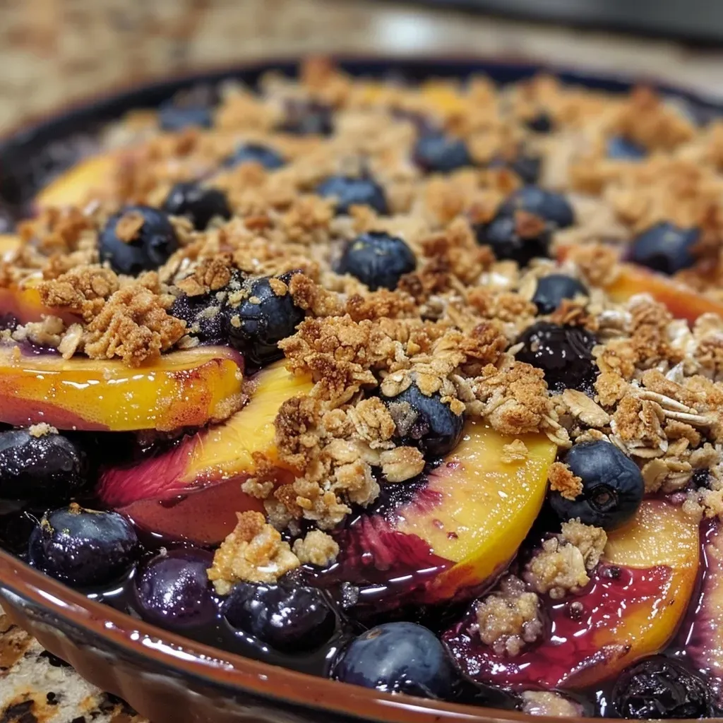 ['Close-up view of a vegan blueberry peach crisp topped with golden oats and fresh fruit.', 'Side perspective of a vegan dessert with a crunchy oat topping, featuring blueberries and sliced peaches.', 'Juicy blueberry and peach crisp in a dish, showcasing a crumbly oat layer and bright fruit filling.', 'Delicious vegan dessert highlighting a blend of blueberries and peaches under a crispy oat topping.']