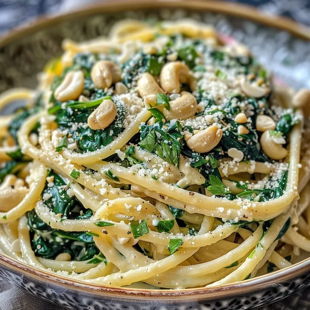 ['A close-up view of creamy spinach garlic pasta topped with parsley and cashews.', 'Side view of a vibrant dish of vegan creamy pasta garnished with parsley and nuts.', 'Juicy vegan pasta featuring a creamy spinach sauce, cashews, and fresh herbs.', 'Detailed shot of delicious vegan pasta with a rich garlic and spinach cream sauce.']
